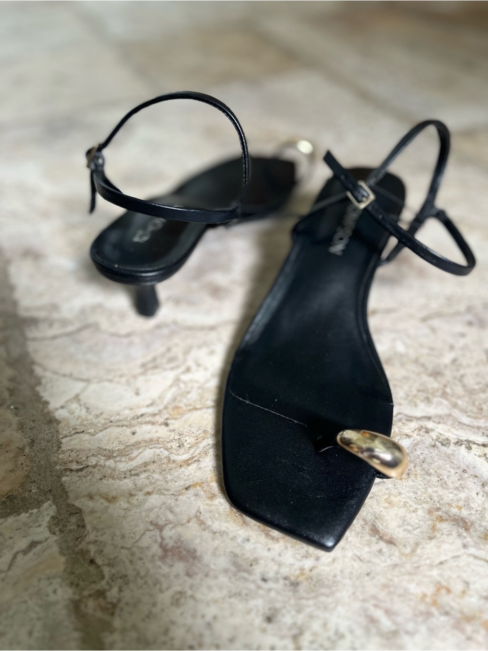 NEW W/ TAGS! Black Thong Kitten Heel Sandals w/ Gold Toe Accent & Ankle Strap